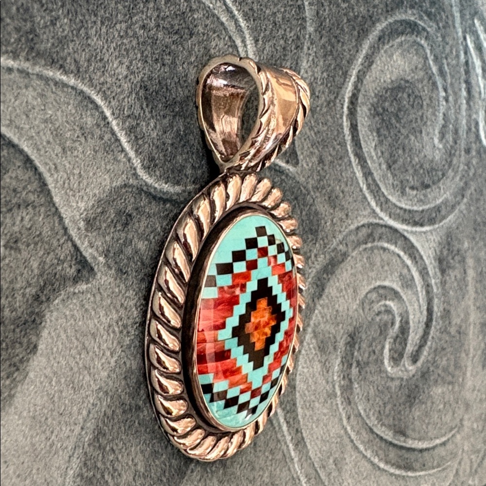 NWOT Carolyn Pollack / Sincerely Southwest Inlaid Silver/Turquoise/Black Pendant - Picture 9 of 13